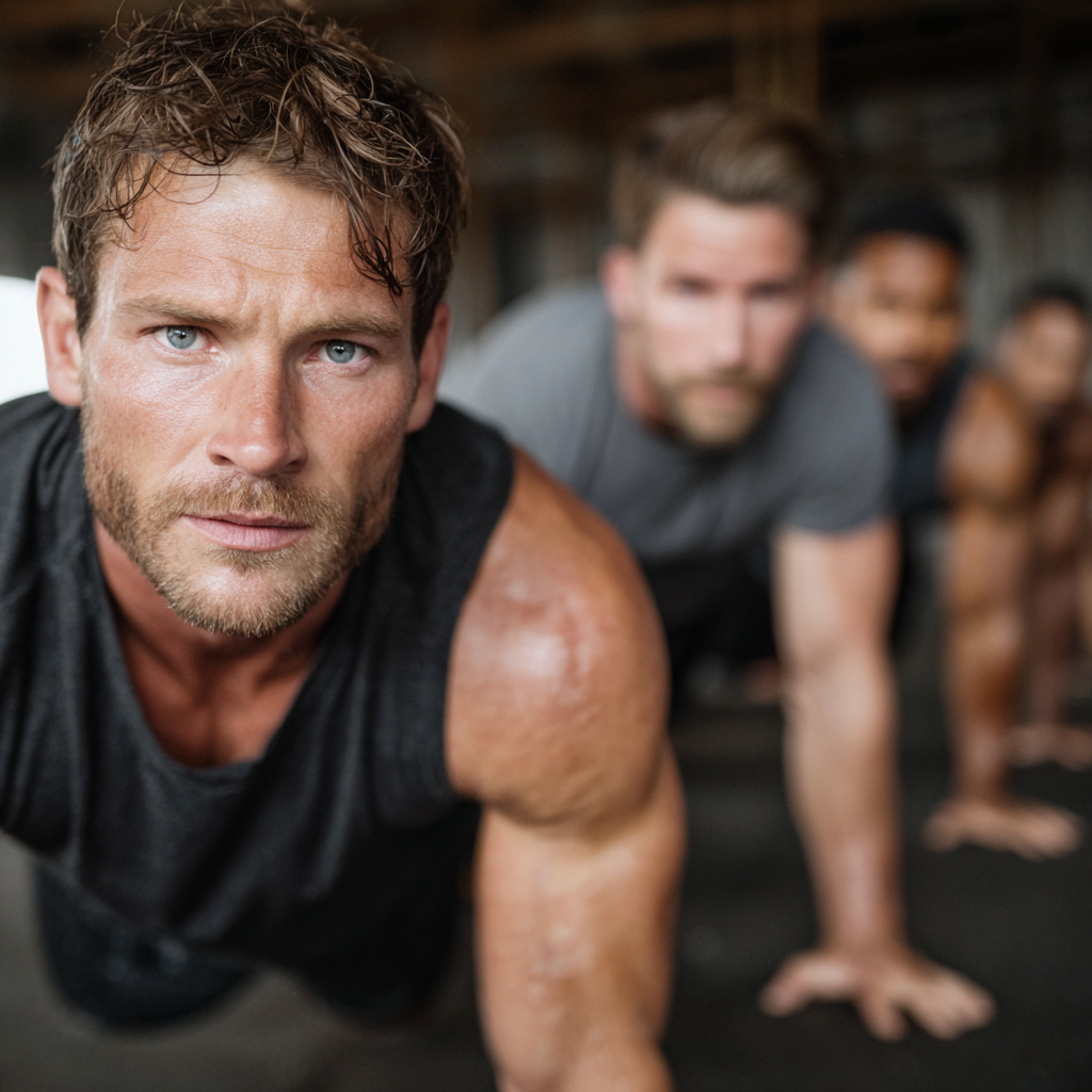Group of motivated men in training environment showing teamwork and determination during workout session