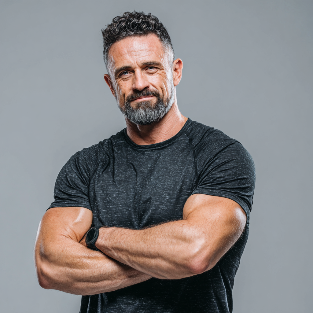 Successful businessman in athletic wear showing confidence and achievement after personal development transformation